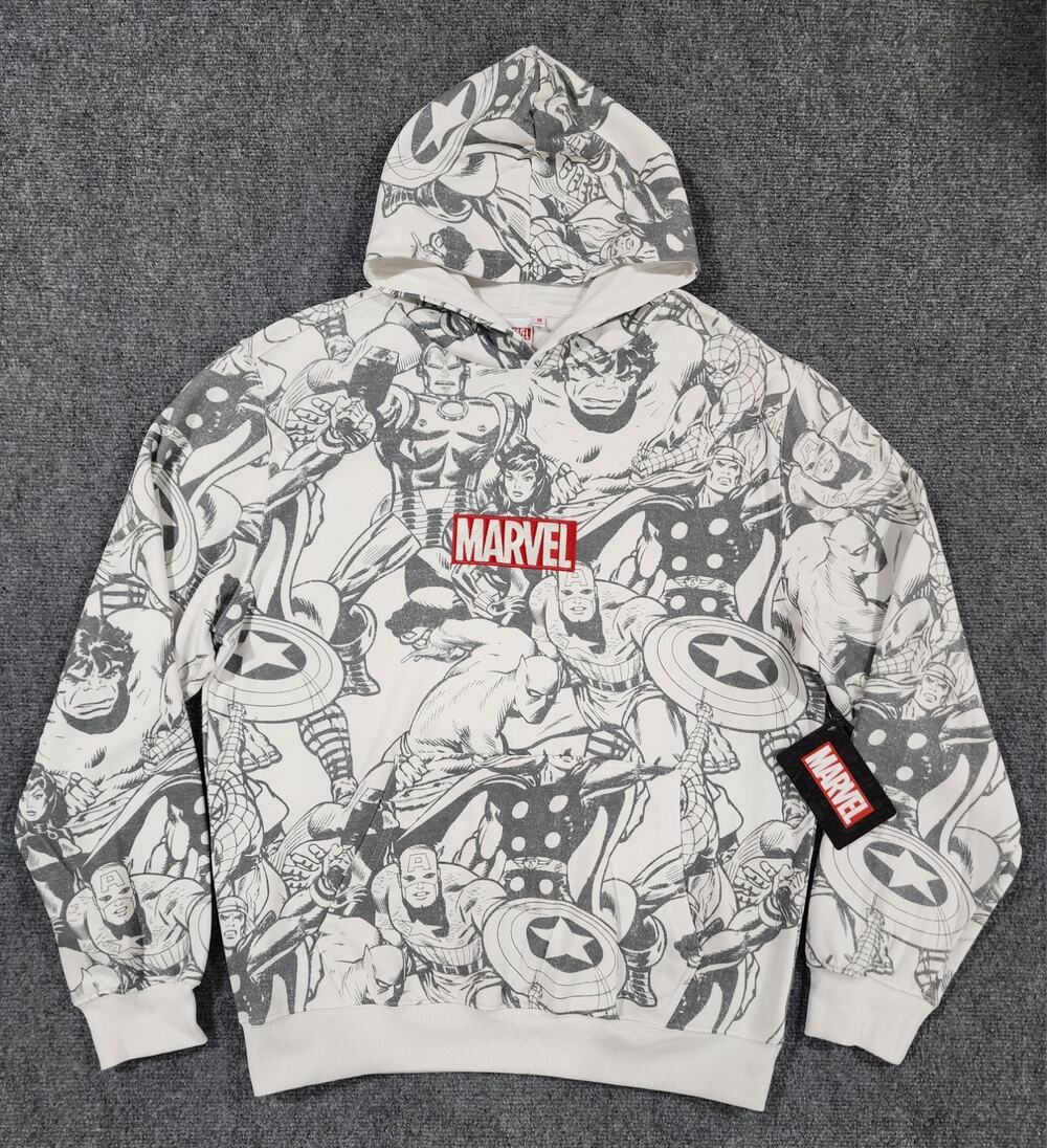 NWT Marvel Comic All Over Print Hoodie Men M Cream Embroidered Logo Pullover